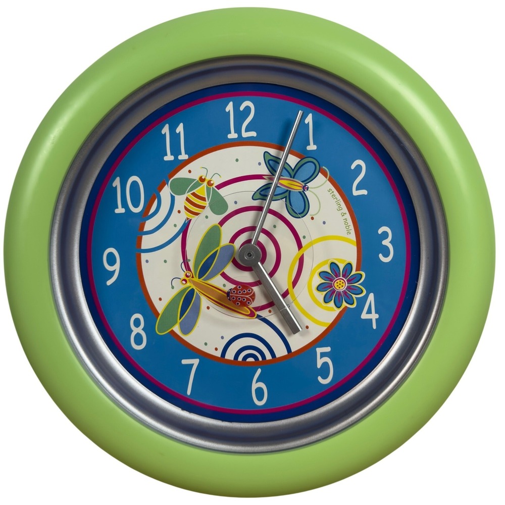 Sterling & Noble Wall Clock Lime Green Insect Bee Butterfly Kidcore Decor 10in